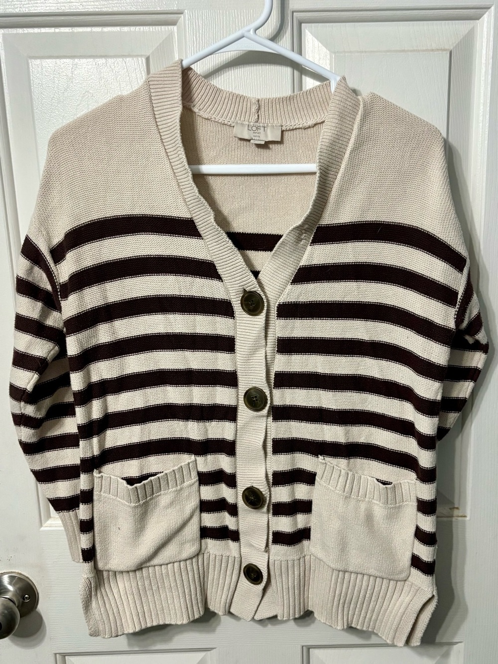LOFT Cream and Dark Brown Striped Button-Front Cardigan